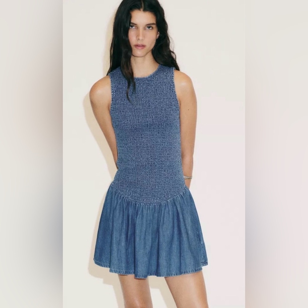 Zara Denim Smocked Sleeveless Dress